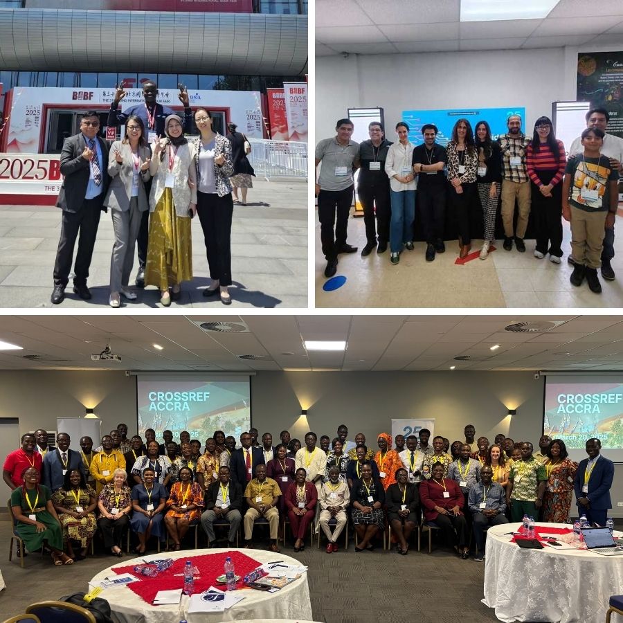 Ambassadors connecting with the scholarly community at the Beijing International Book Fair (China), Crossref Quito (Ecuador), and Crossref Accra (Ghana)(bottom).